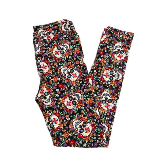 LuLaRoe Halloween Candy Skulls Leggings Multi Flower TC2 Plus Comfy - Picture 4 of 5